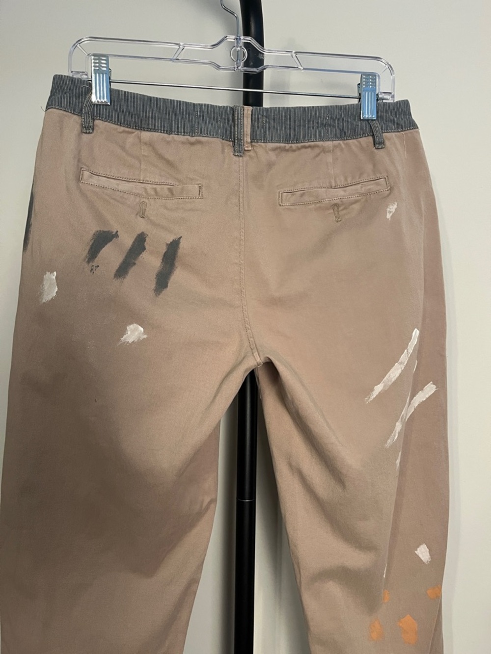 Anthro Pilcro Patchwork Painters Pants Khaki Tan Blue Pink Accents Hyphen Sz 28 - Picture 5 of 10